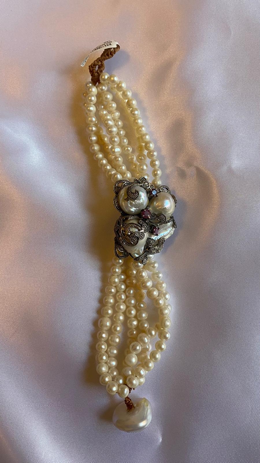 Multi strand Original Pearl with Silver flower center piece Bracelet