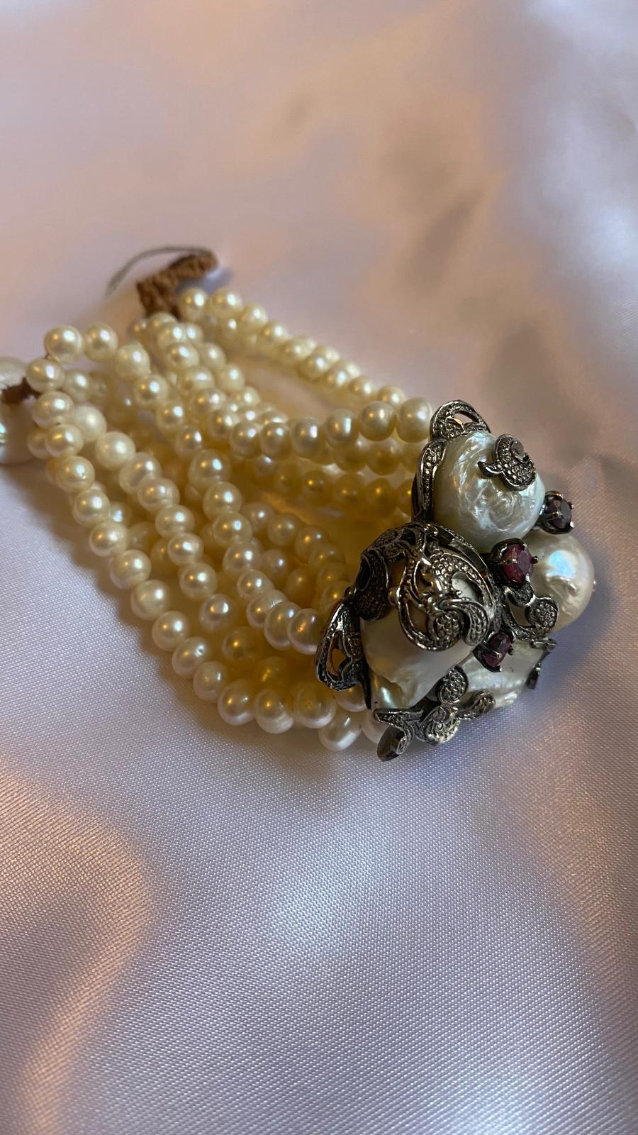 Multi strand Original Pearl with Silver flower center piece Bracelet