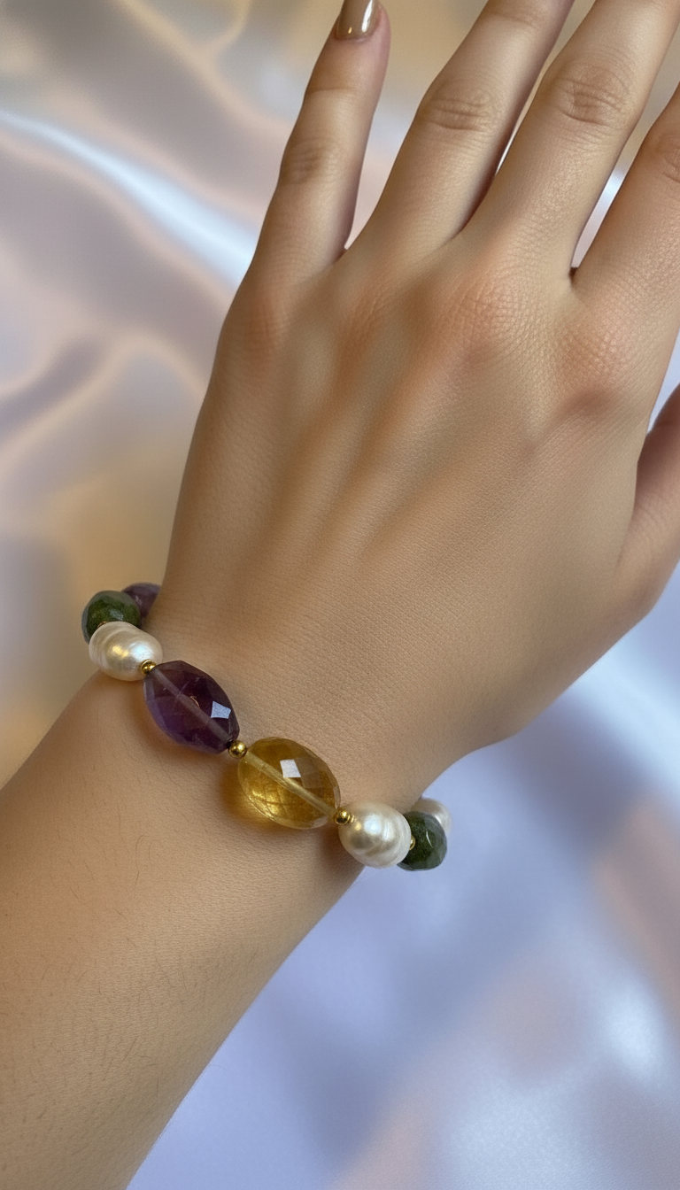 Multicolored Elastic bracelet with Amethyst, Citrine Quartz and freshwater Pearls.