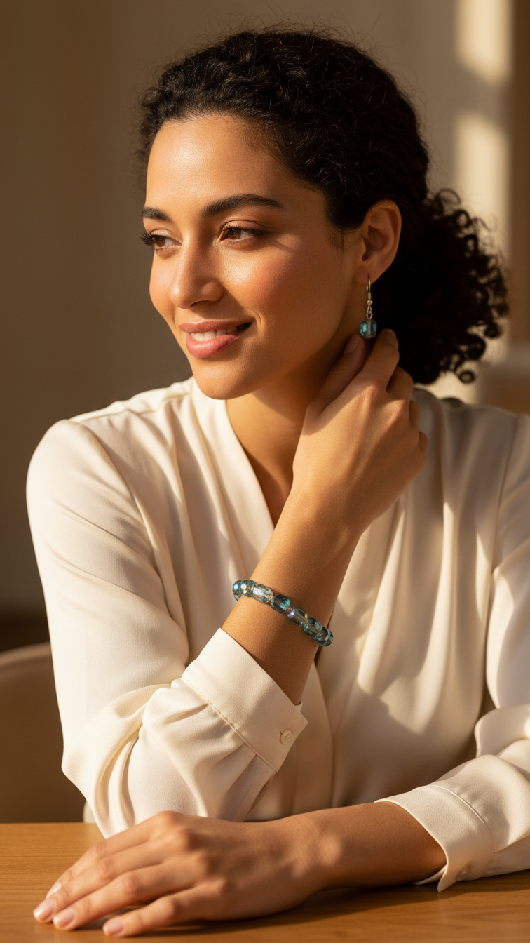 Bracelet et boucles d'oreilles en cristal de verre gris fumé et bleu, ornés de perles, avec une chaîne métallique argentée.