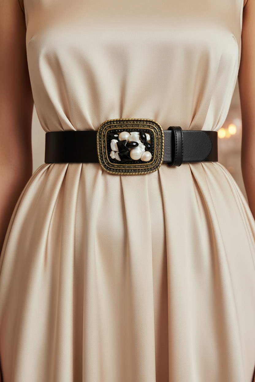 Ceinture en cuir, boucle en métal, perles de rivière et onyx