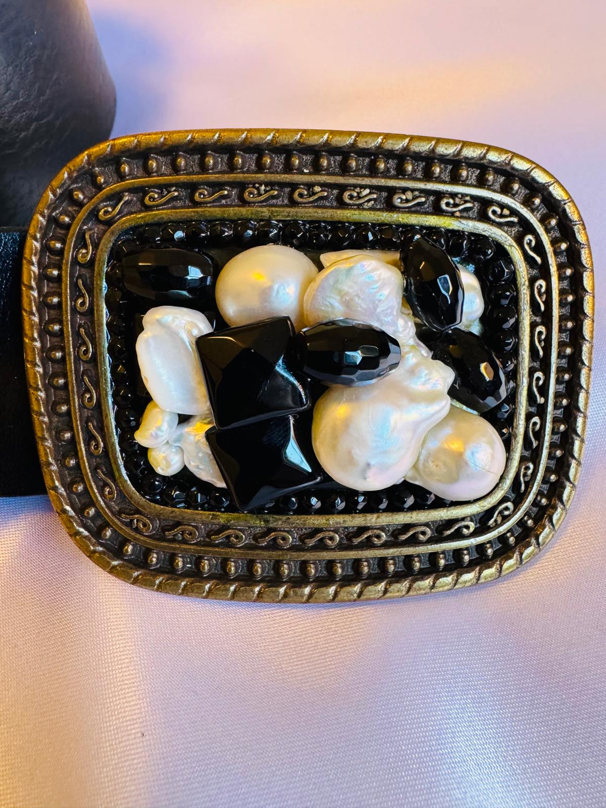 Leather belt, metal buckle, river pearls and onyx