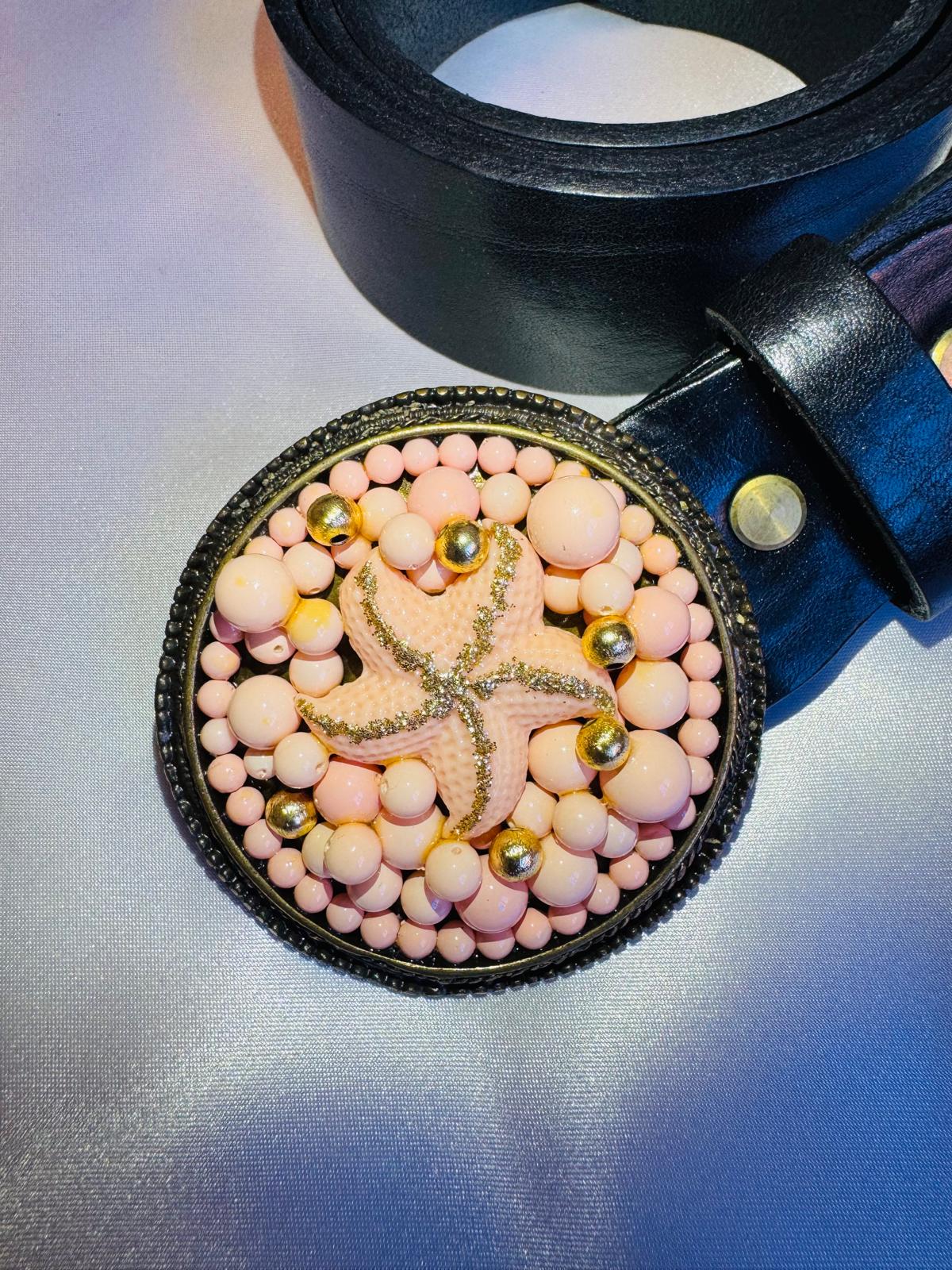 Leather belt, metal buckle, with shell and nuggets