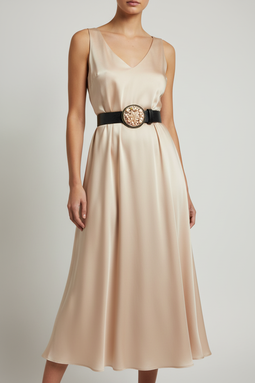 Ceinture en cuir, boucle en métal, ornée de coquillages et de pépites