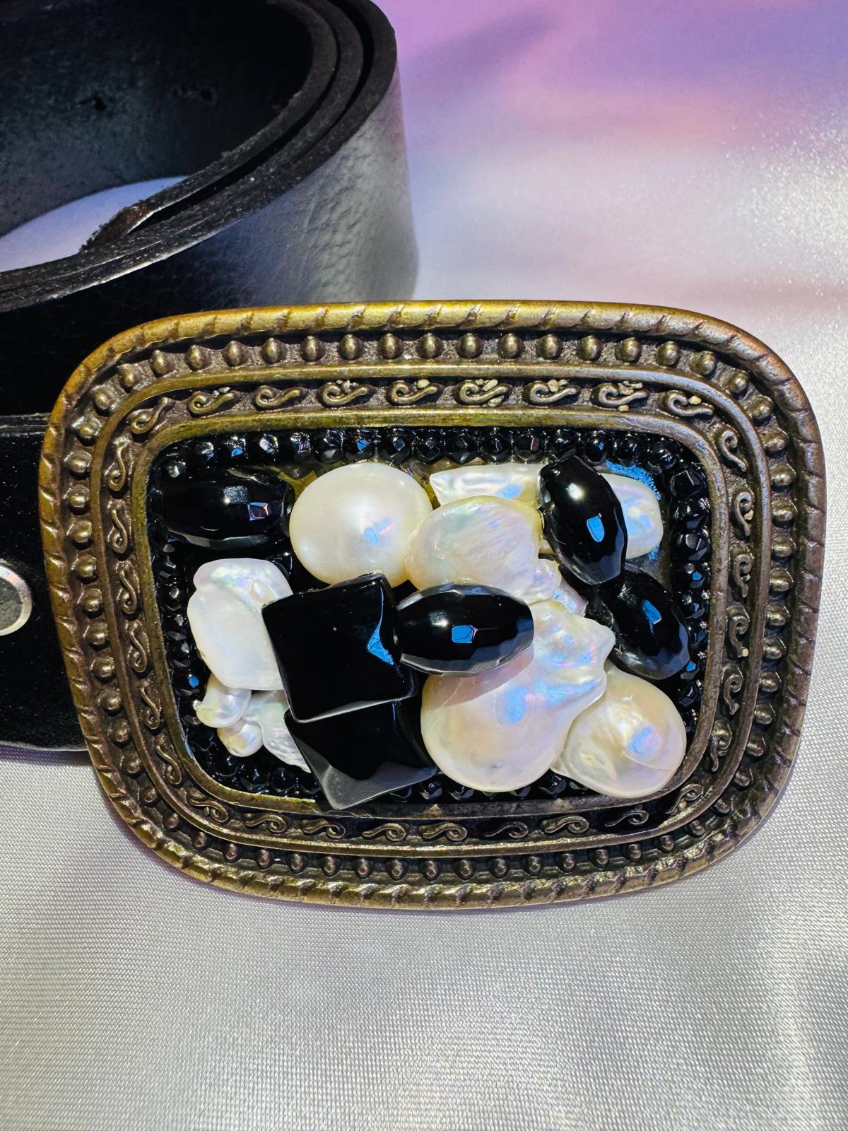 Leather belt, metal buckle, river pearls and onyx