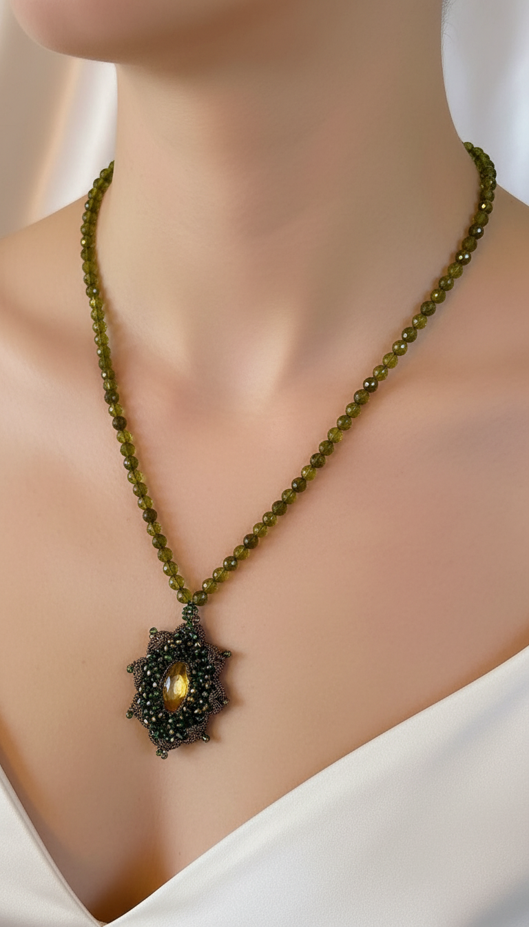 Peridot Pendant, Green Swarovski crystals, and cameo on macramé.