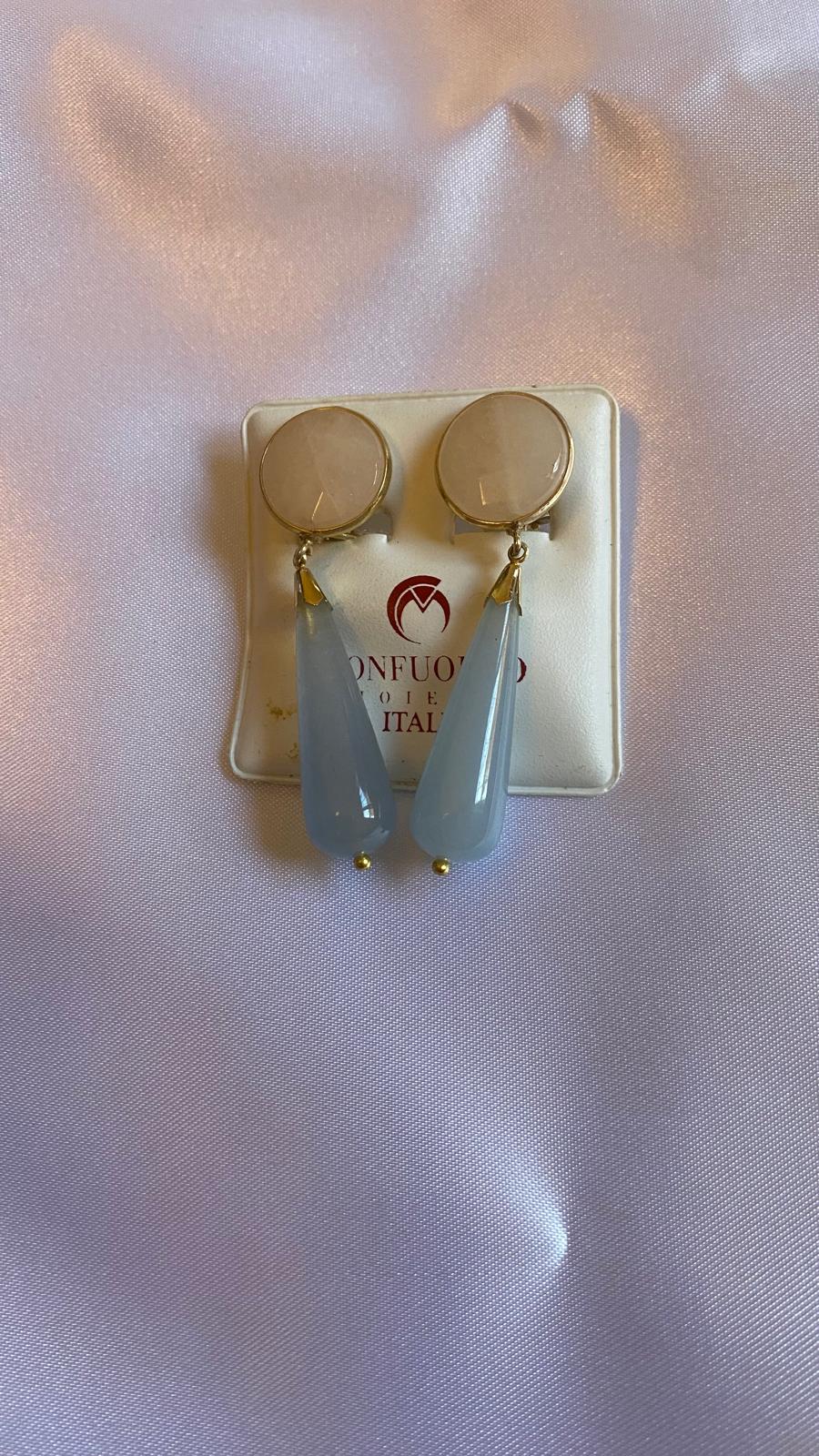 Pair of light blue teardrop shaped earrings with drops