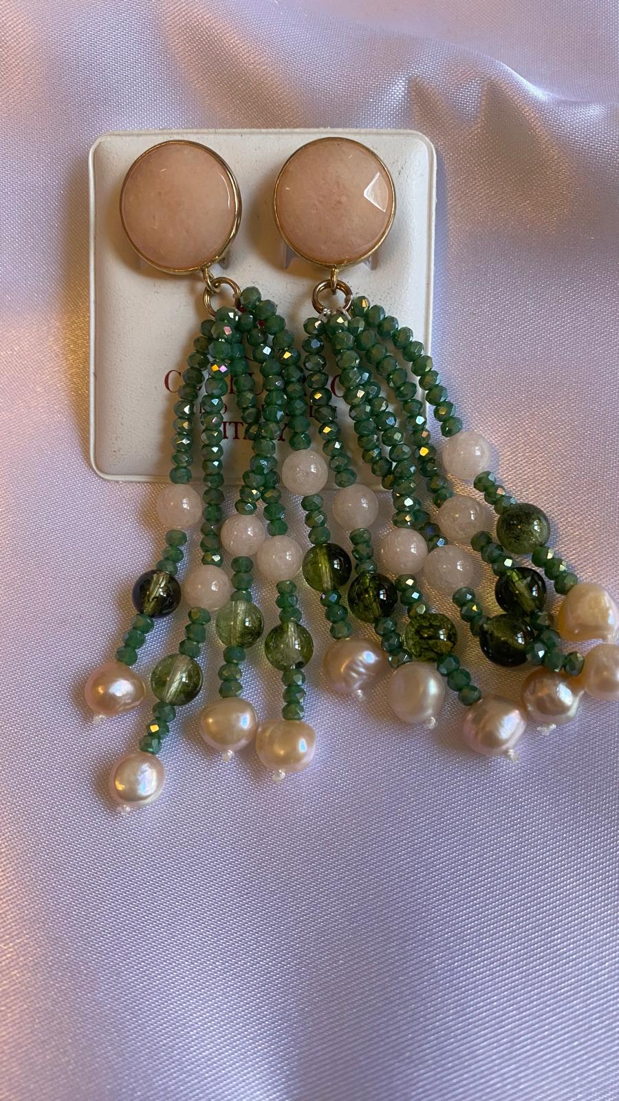 Rose quartz, freshwater pearl, and with green beads crystal earrings.