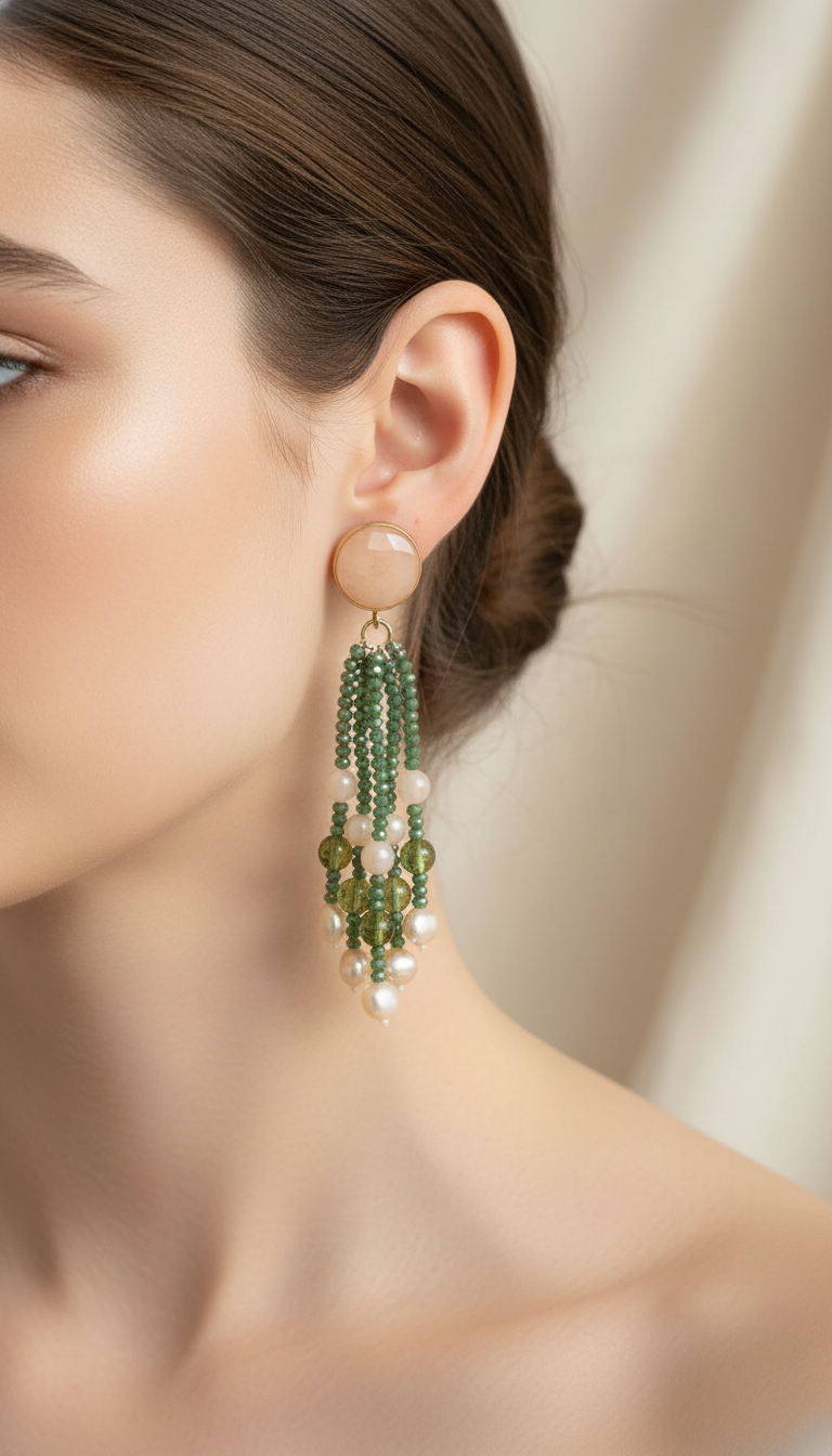 Rose quartz, freshwater pearl, and with green beads crystal earrings.