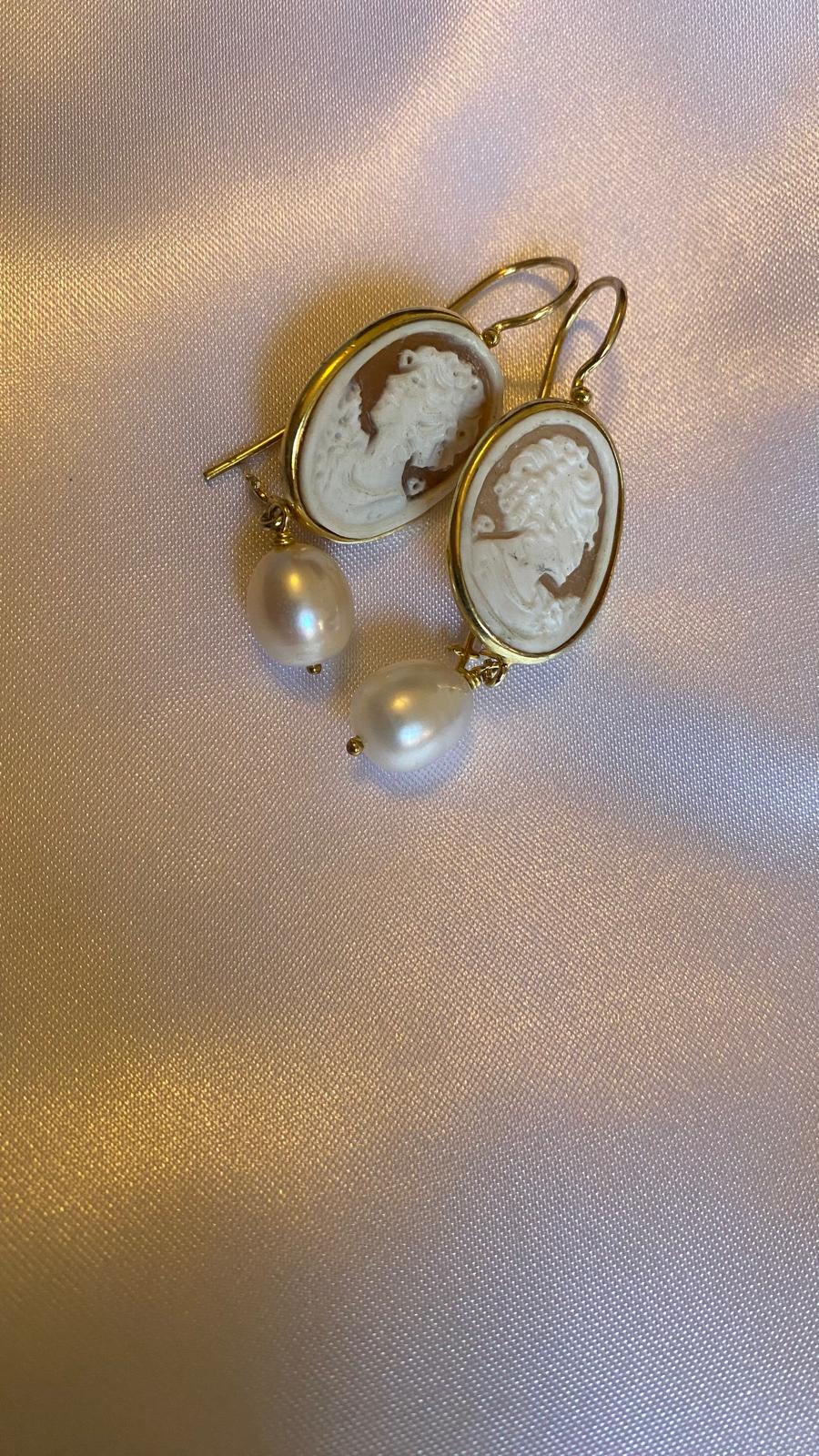 Drop earrings with cameo and freshwater pearls