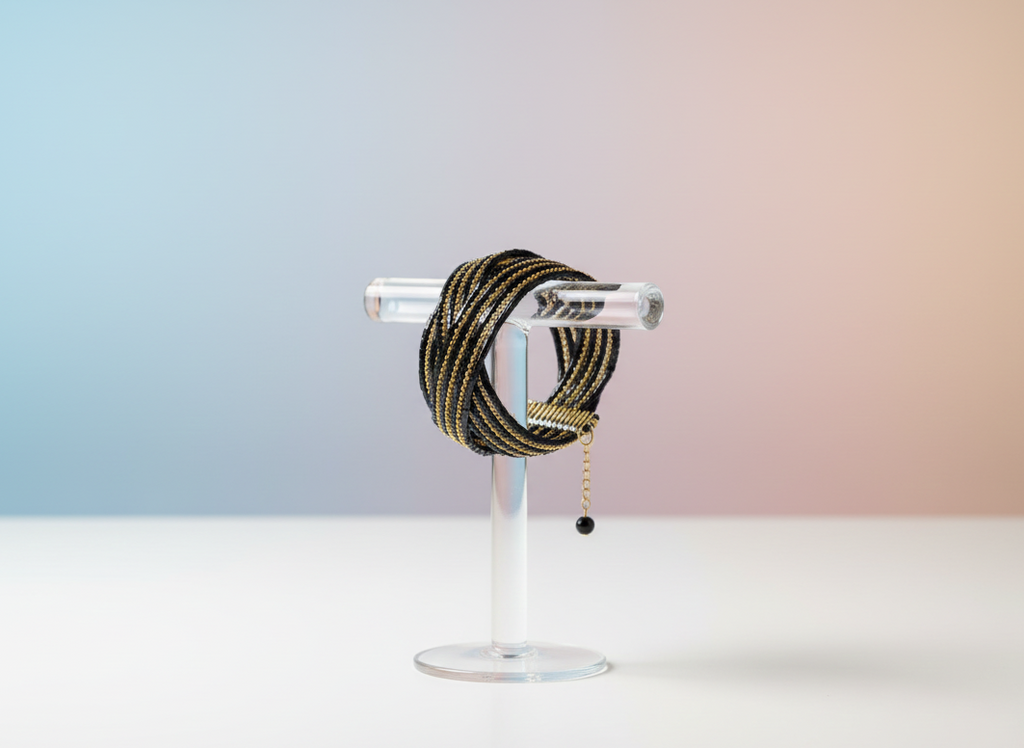 Bracelet manchette multi-rangs en perles noires et paillettes dorées