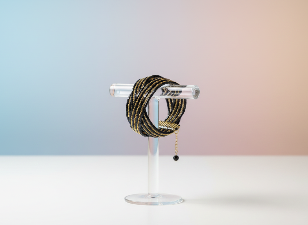 Bracelet manchette multi-rangs en perles noires et paillettes dorées