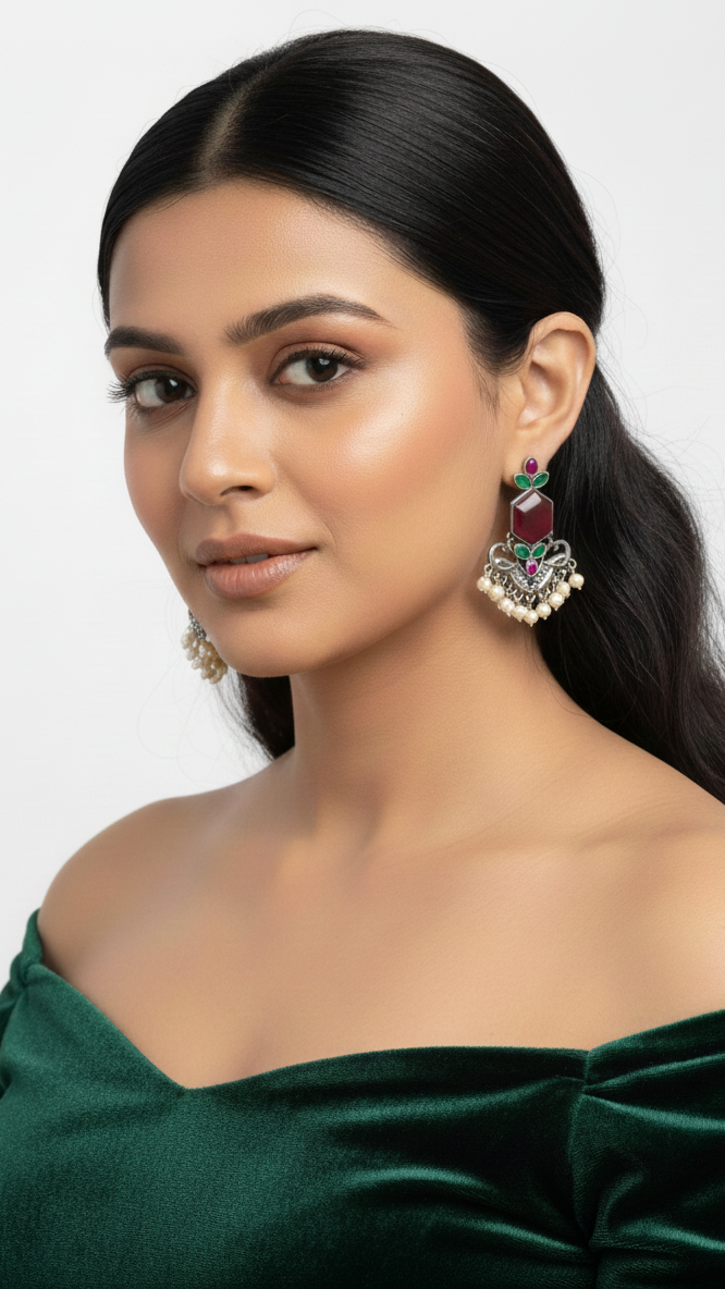 Boucles d'oreilles pendantes traditionnelles plaquées argent, ornées de pierres rouges et de perles.