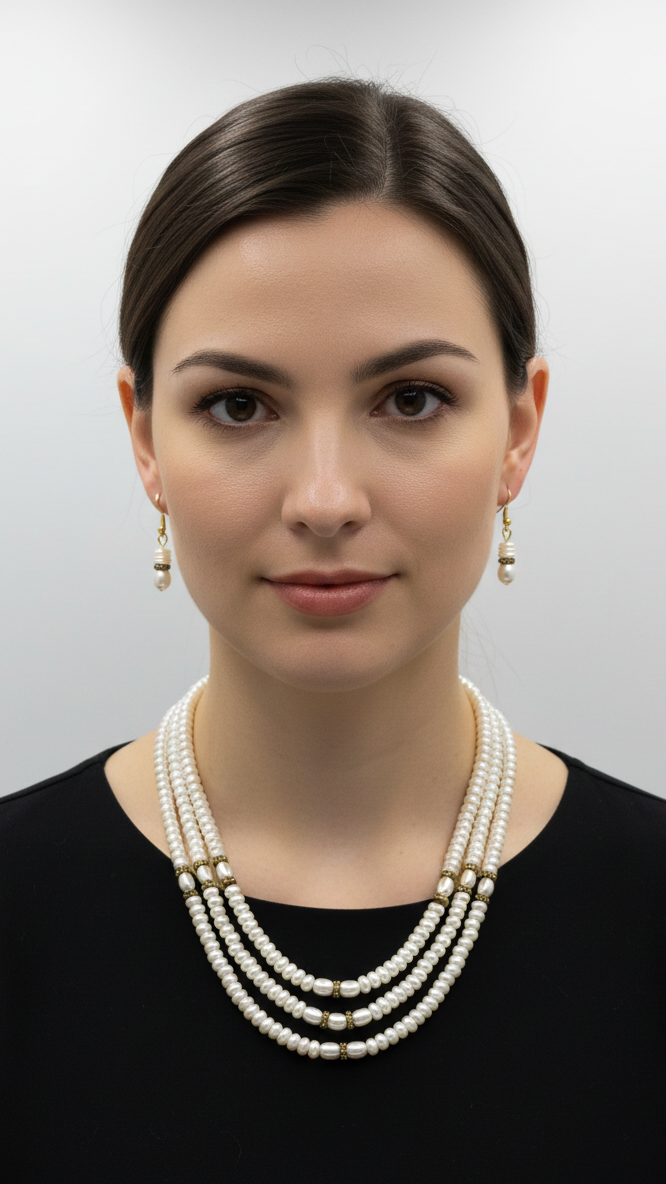 Collier classique à trois rangs de perles ivoire doux avec des accents blancs