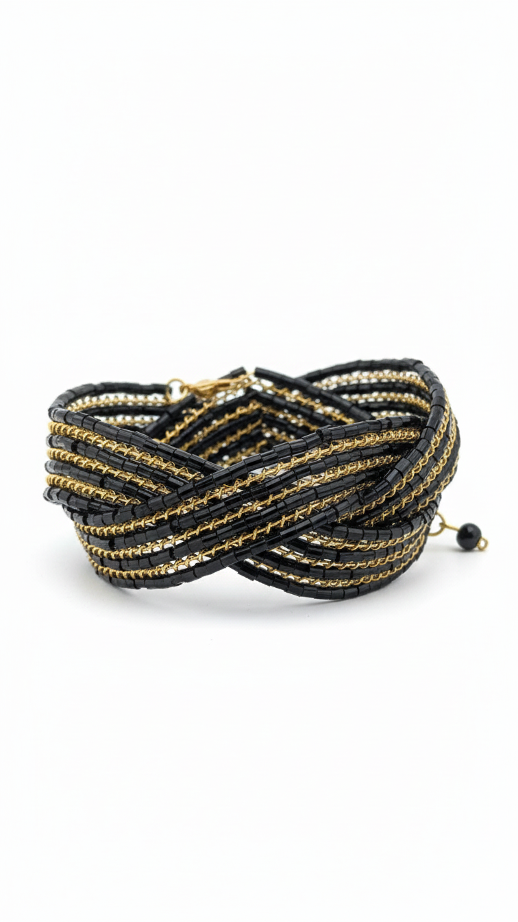 Bracelet manchette multi-rangs en perles noires et paillettes dorées