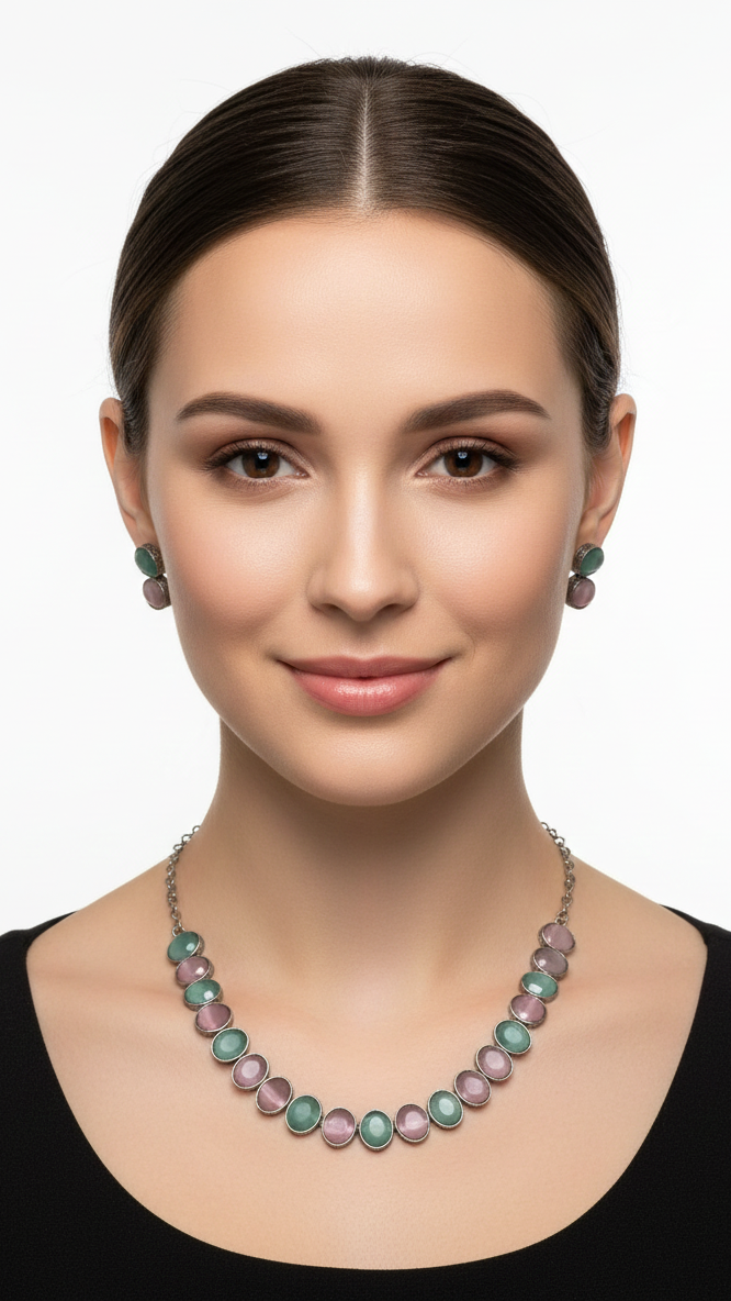 Collier délicat en pierre bicolore vert pastel et rose mauve