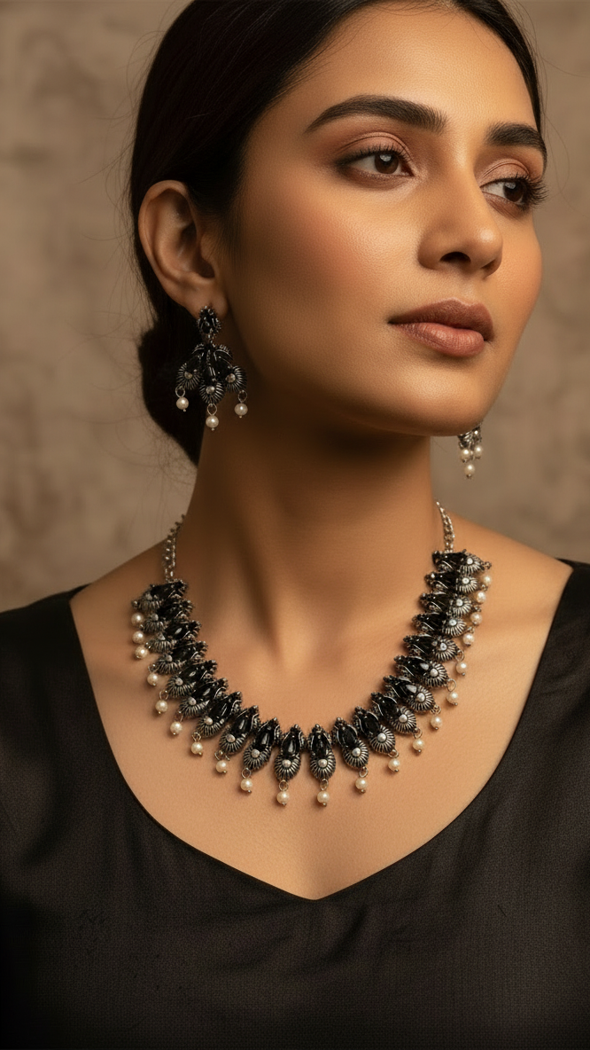 Black Enamel with Detailed Floral Design with White peral drops oxidized metal Necklace