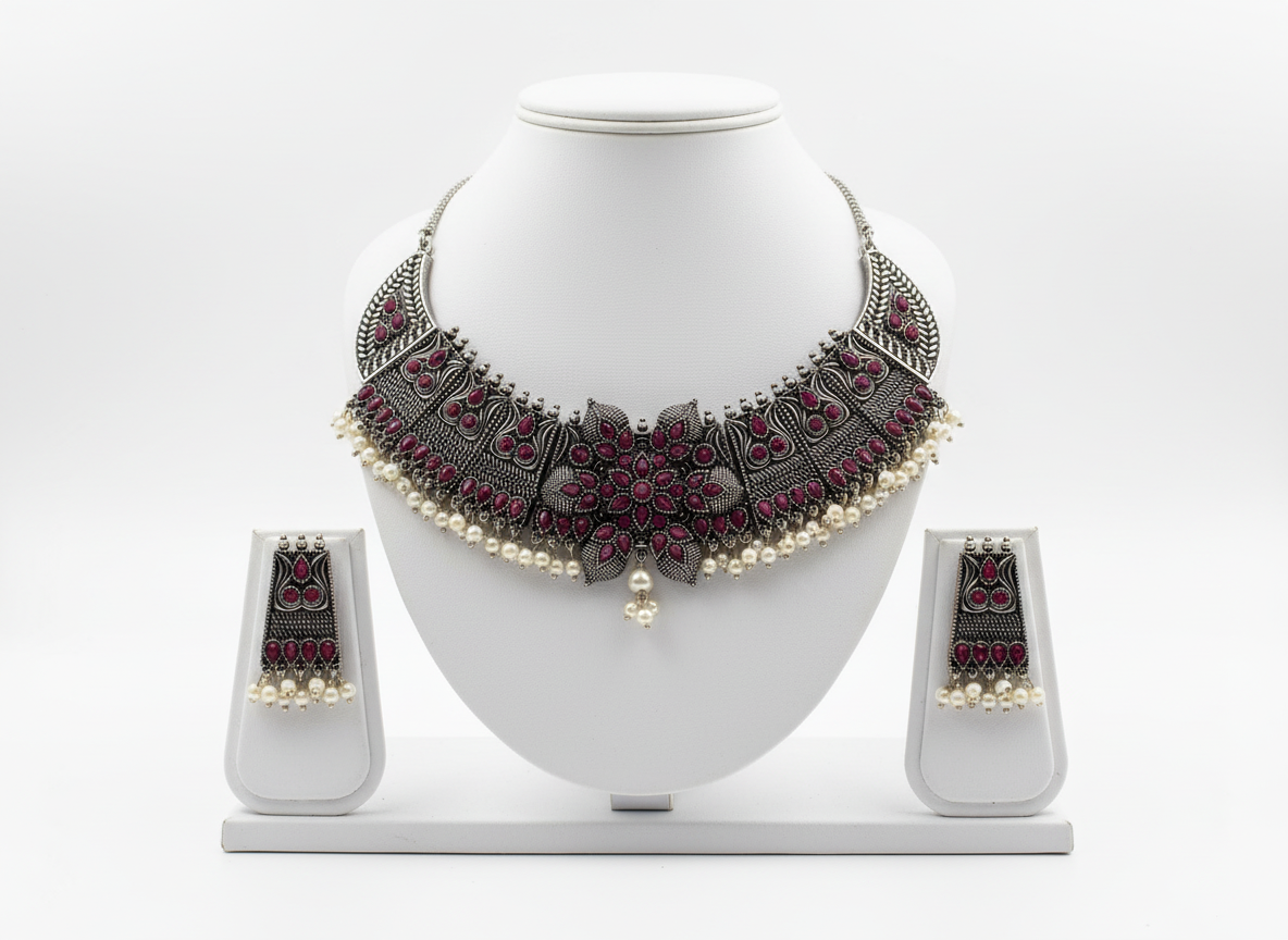 Collier en métal oxydé, orné de pierres marron et de perles blanches, au design à la fois audacieux et traditionnel.