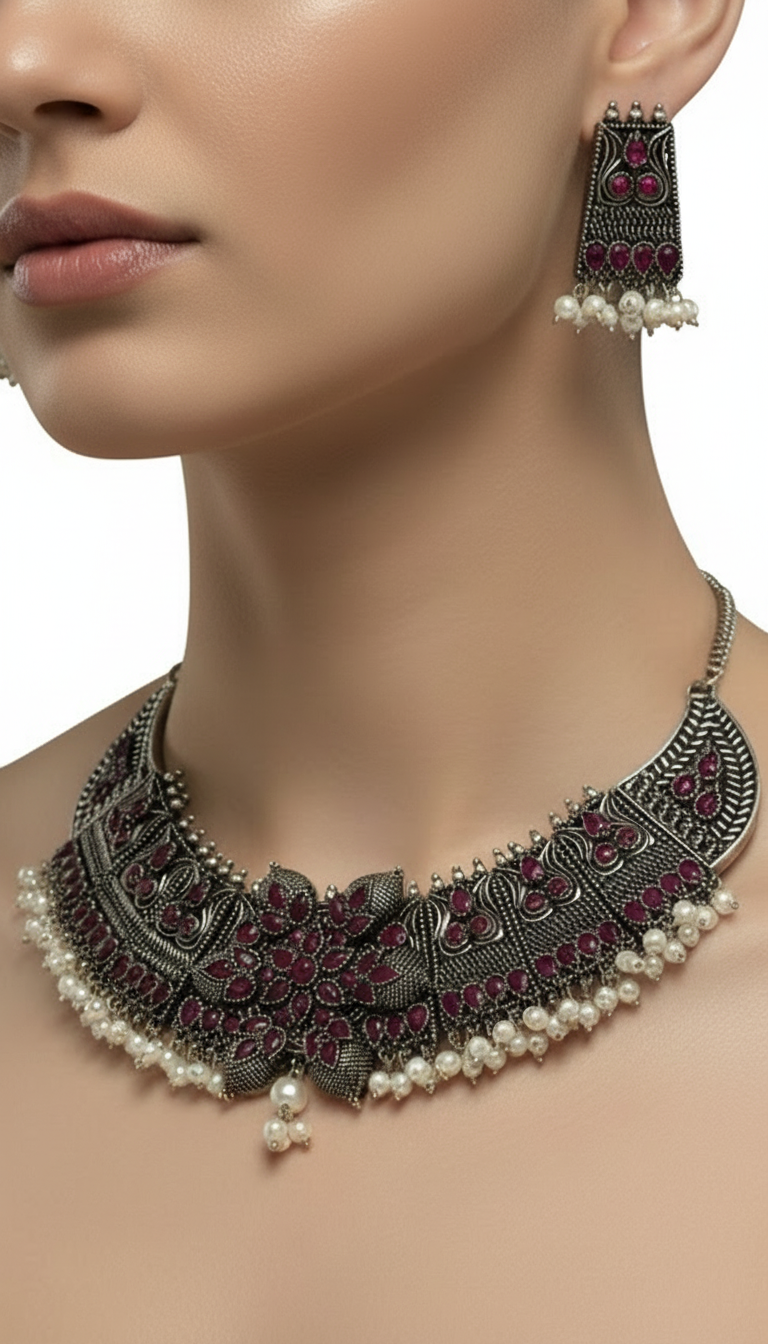Collier en métal oxydé, orné de pierres marron et de perles blanches, au design à la fois audacieux et traditionnel.