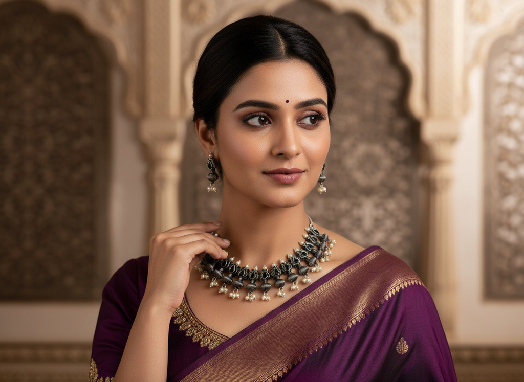 Collier en métal oxydé émaillé noir à motif floral classique et perles blanches