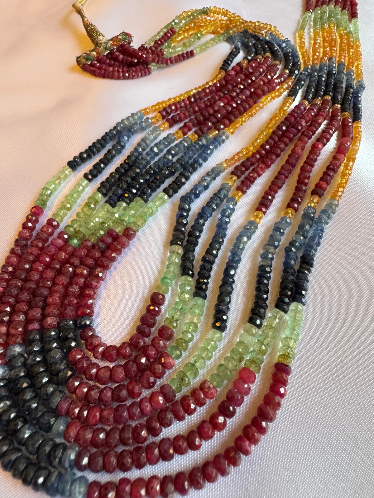 Multicolored 7 strand necklace with Ruby, Emerald, Sapphire, and Topaz