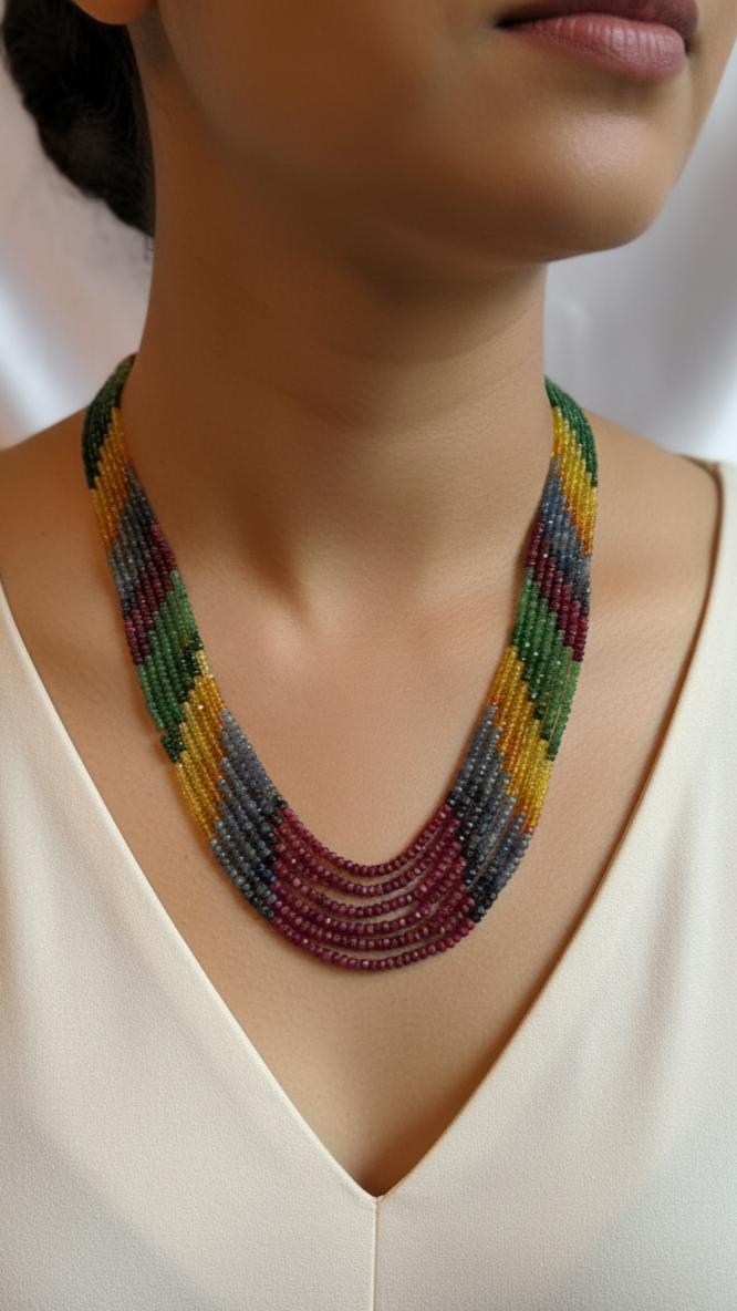 Collana multicolore a 7 fili con rubino, smeraldo, zaffiro e topazio
