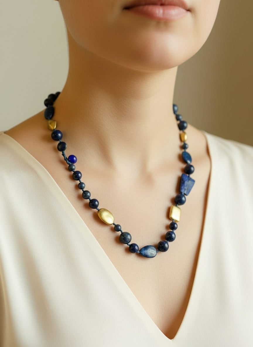 Necklace with blue and gold beads