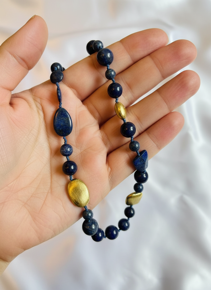 Necklace with blue and gold beads