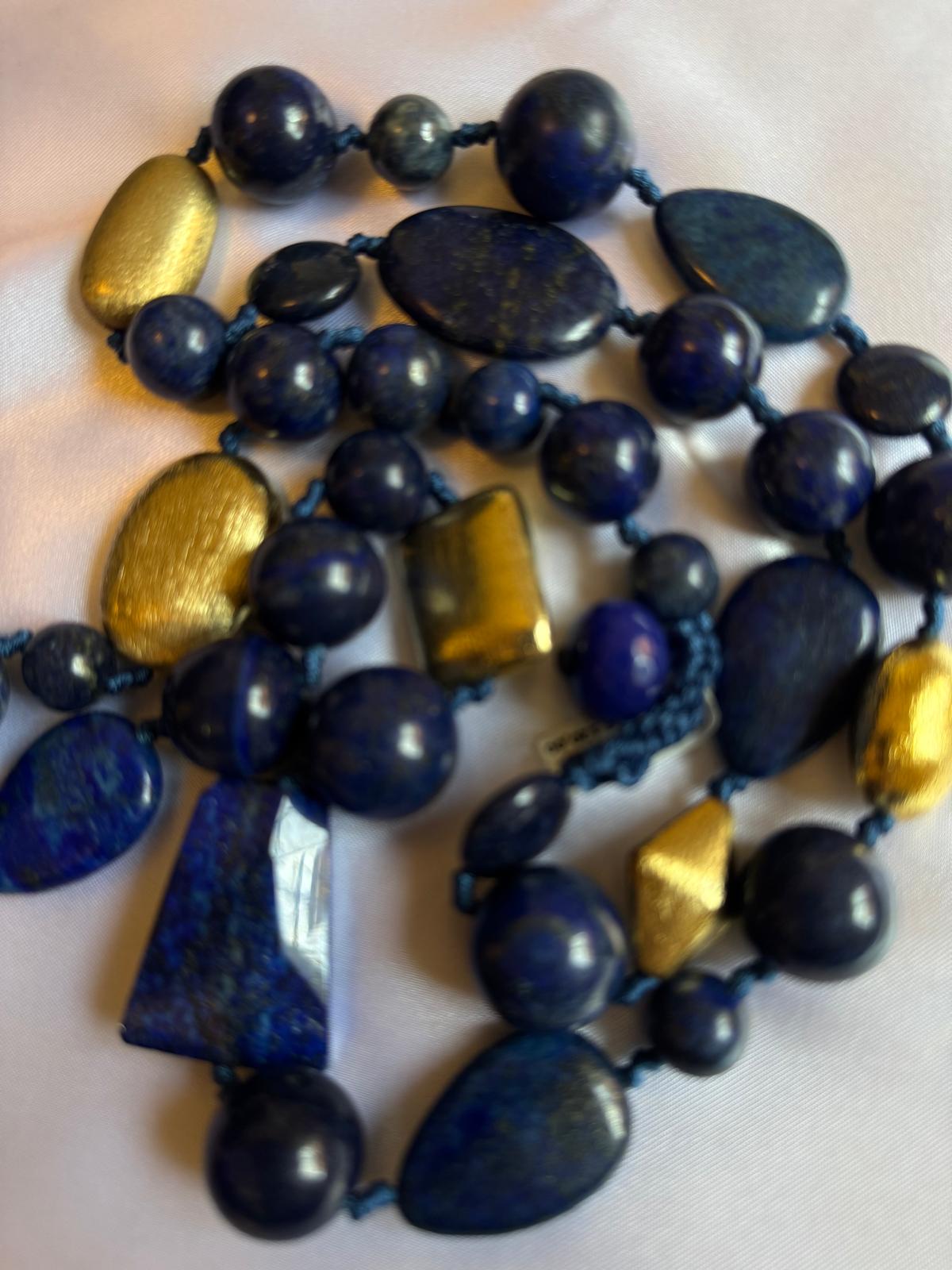 Lapis lazuli Blue and Golden nugget beads necklace.