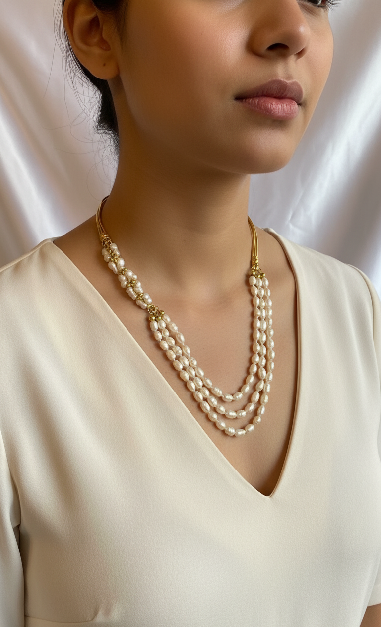 Multi-strand necklace in freshwater pearls and gold-plated metal.