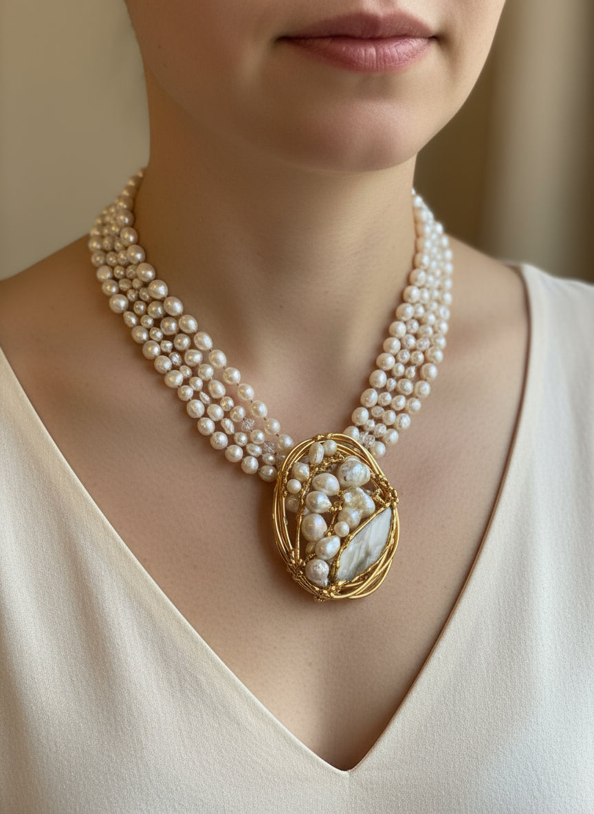 Multi-strand necklace with freshwater pearls and mother-of-pearl, in gold-plated metal.