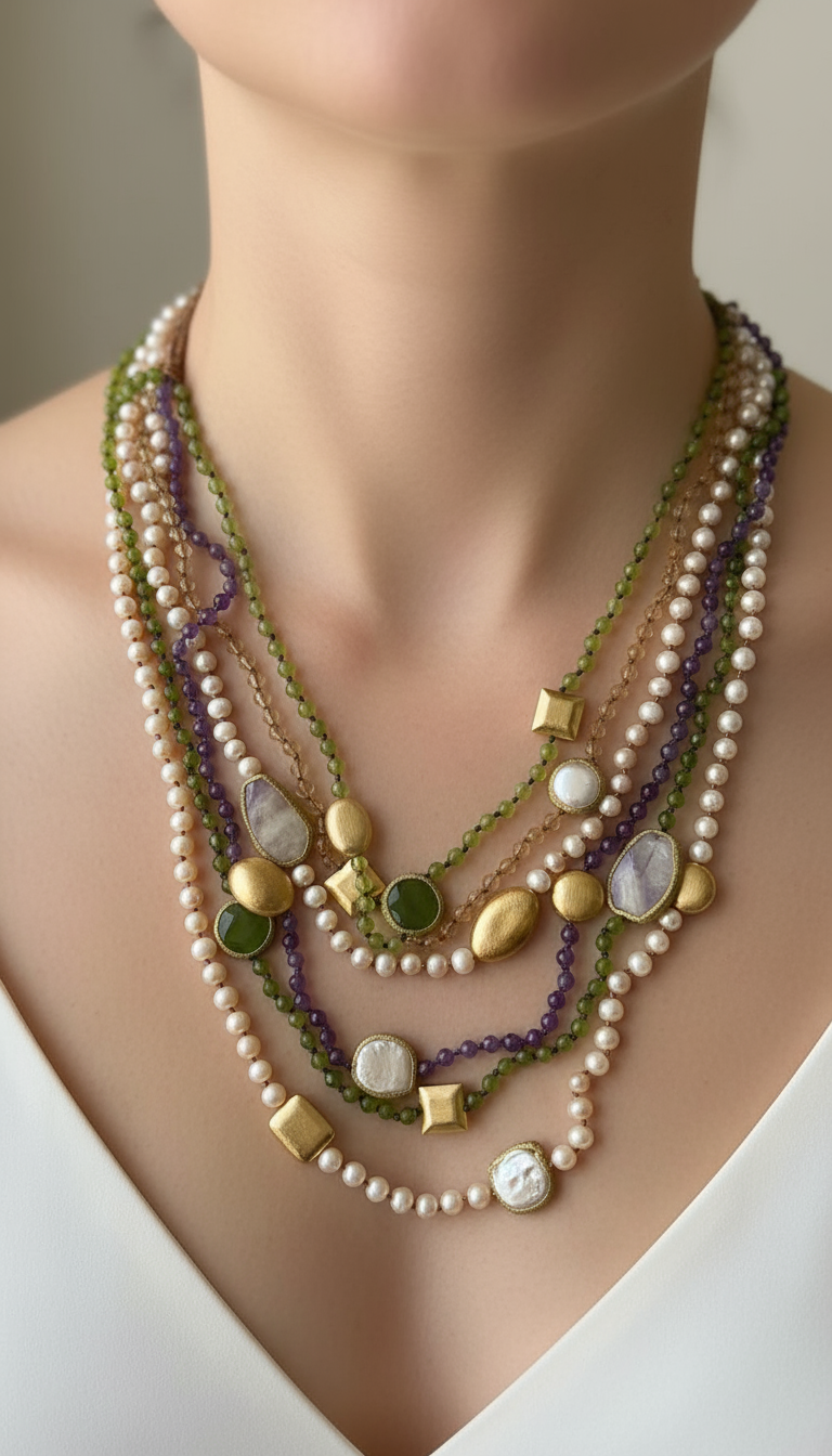 Collana multifilo in ametista, citrino, peridoto, perle, pepite d'oro e glitter.