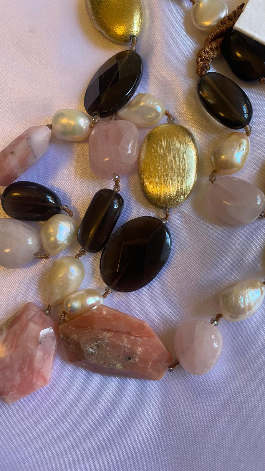 Necklace made of Amethyst, Smoky Quartz, Jasper, Rose Quartz, Freshwater Pearls,Golden nuggets and onyx.