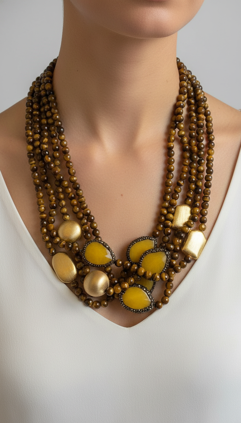 Multi-strand Necklace made of Tiger's eye, Golden nuggets, and Glitter with a Mother of Pearl clasp.