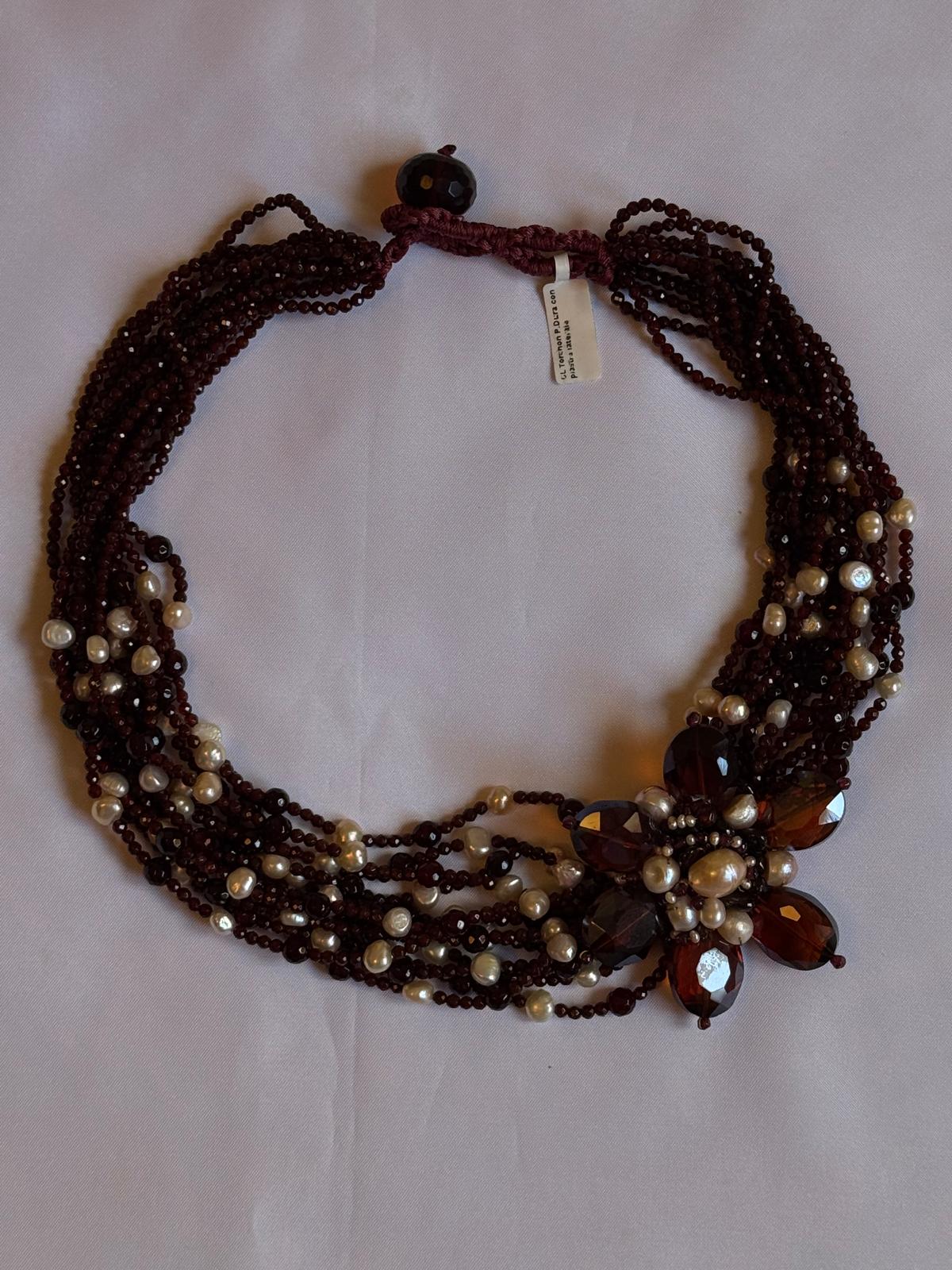 Collana Torchon con perle d'acqua dolce e spinello