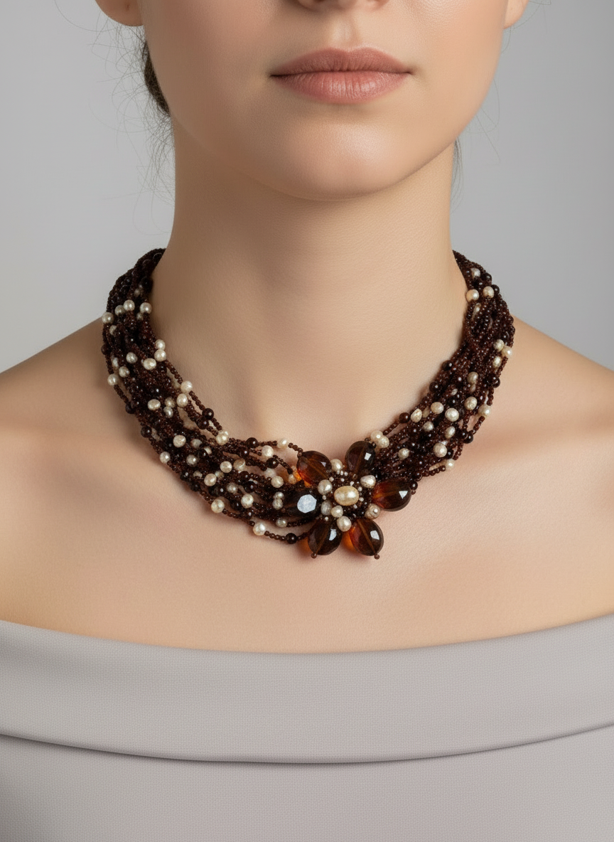 Collier Torchon orné de perles d'eau douce et de spinelle