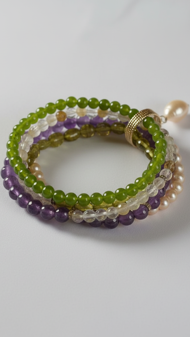 Bracciale multifilo in agata verde, quarzo citrino, peridoto, ametista e perle d'acqua dolce