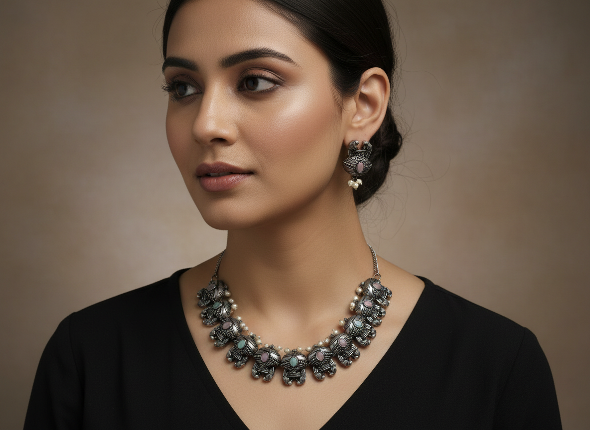 Collier en argent oxydé avec motif éléphant et pierres pastel rose et vert menthe