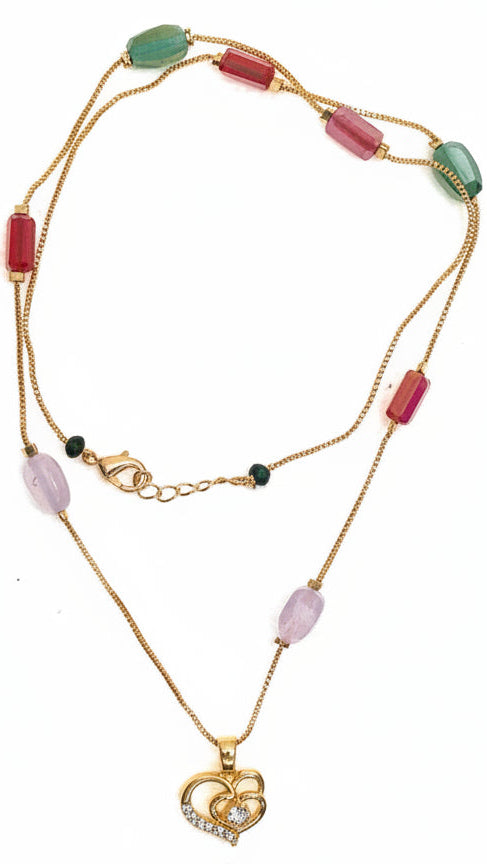 Elegant dual heart golden pendant with golden chain and red green and pink stone accents