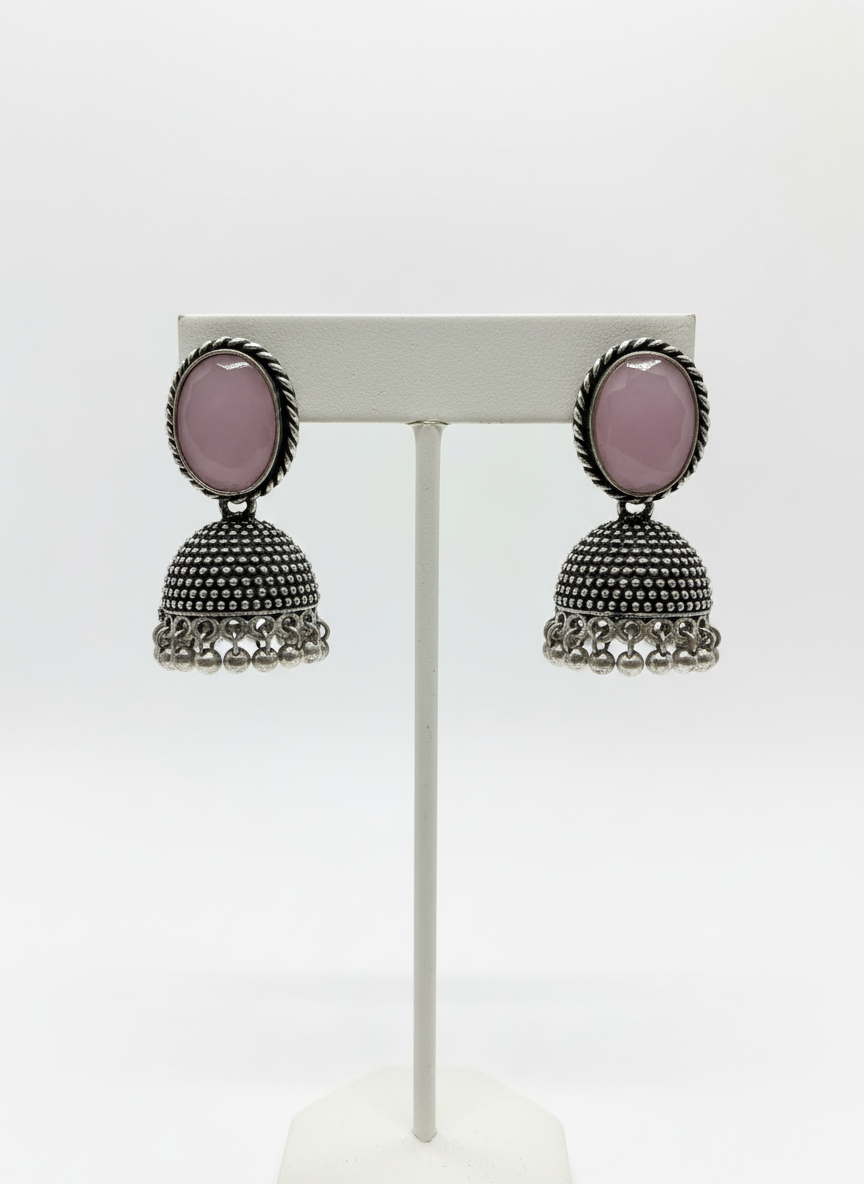 Boucles d'oreilles jhumka métalliques en forme de dôme, plaquées argent, rose clair