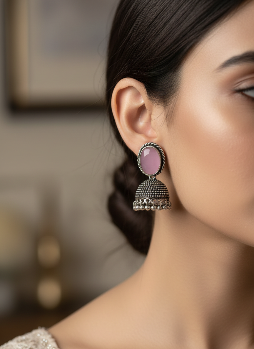 Boucles d'oreilles jhumka métalliques en forme de dôme, plaquées argent, rose clair