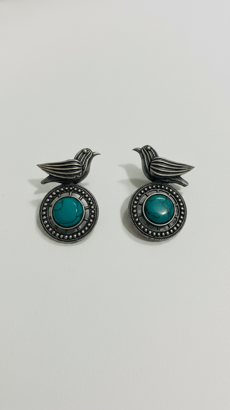 Boucles d'oreilles oiseau en argent avec pierre centrale turquoise
