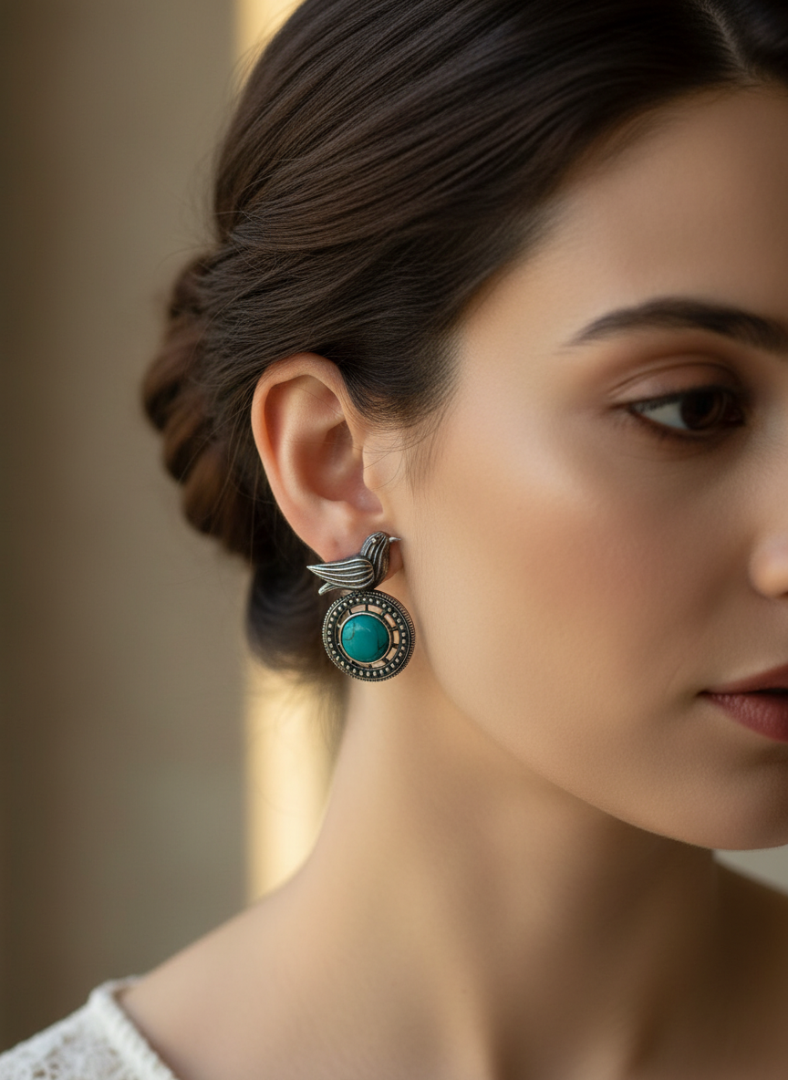 Boucles d'oreilles oiseau en argent avec pierre centrale turquoise