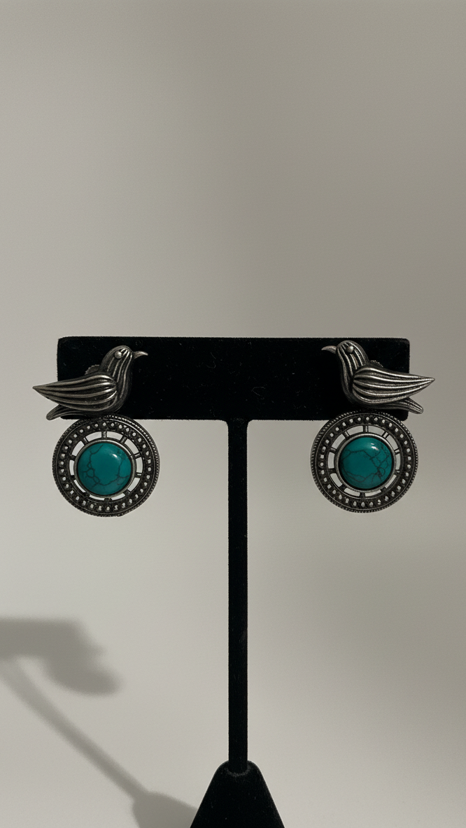 Boucles d'oreilles oiseau en argent avec pierre centrale turquoise
