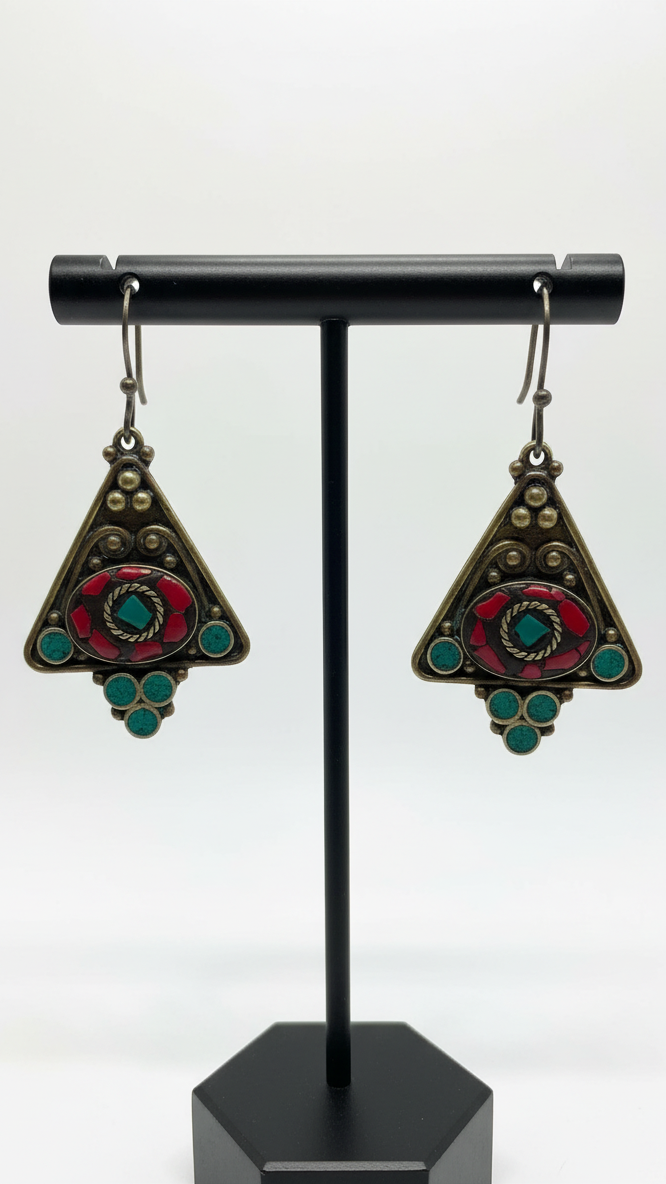 Boucles d'oreilles en métal avec incrustations rouges et vertes