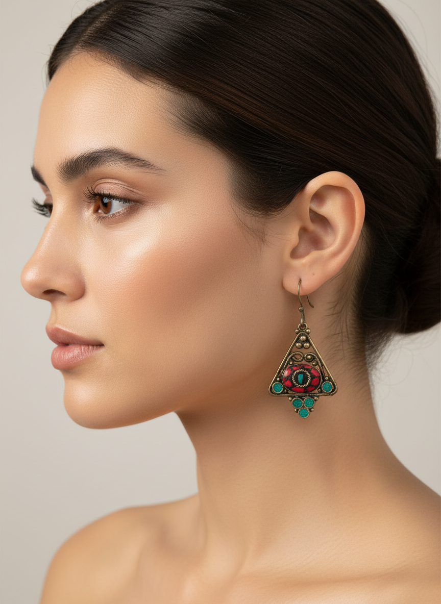 Boucles d'oreilles en métal avec incrustations rouges et vertes