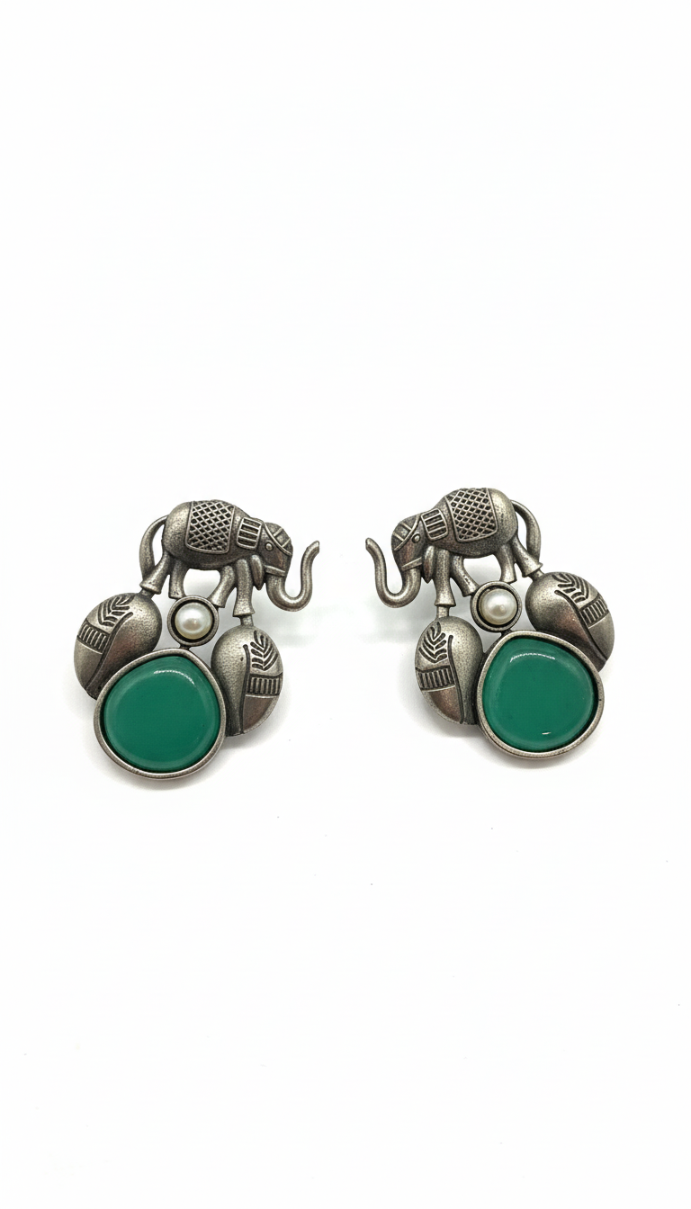 Boucles d'oreilles vintage éléphant et pierre verte